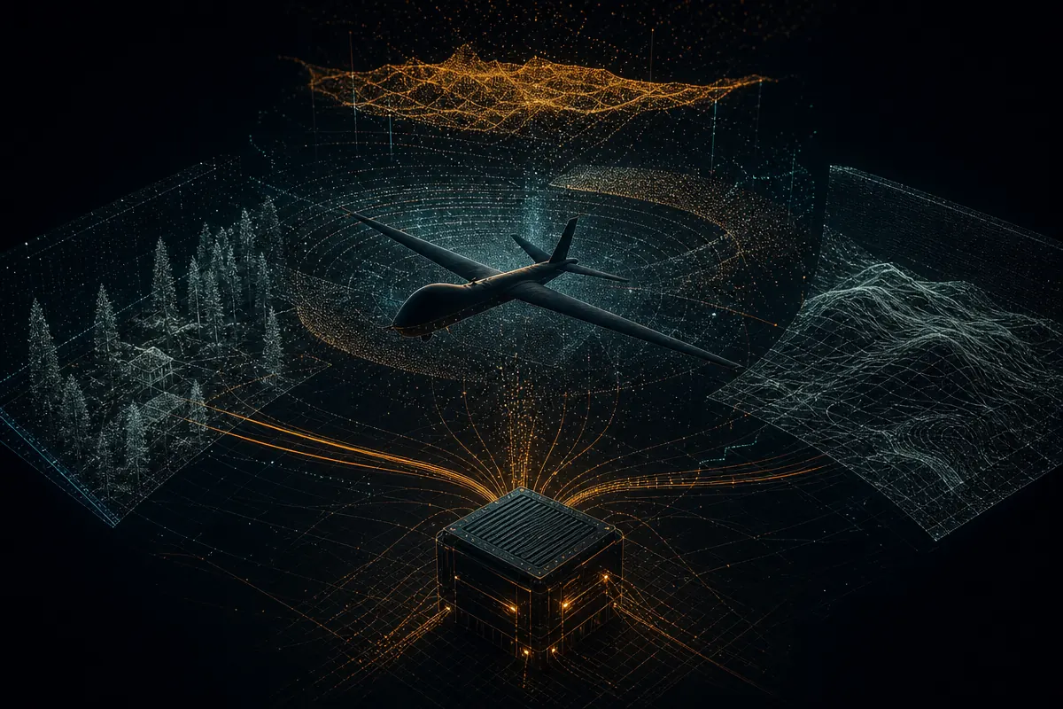 Sensor fusion visualisation around a fixed-wing unmanned aircraft, with an edge compute node connected by secure datalinks.
