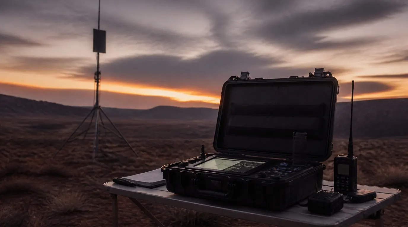 Portable ground control case open on a field table at dusk with a mast-mounted antenna in the background.
