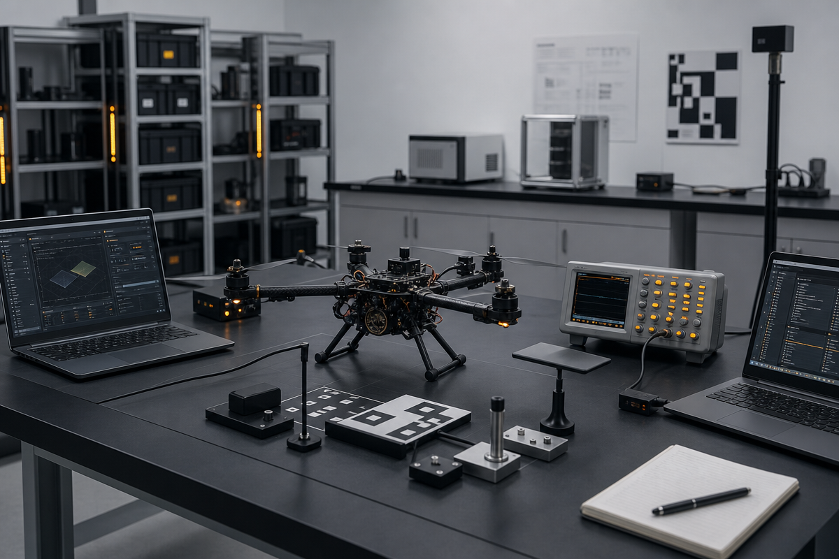 Integration lab with an open-autopilot multirotor on a test bench during calibration and validation.