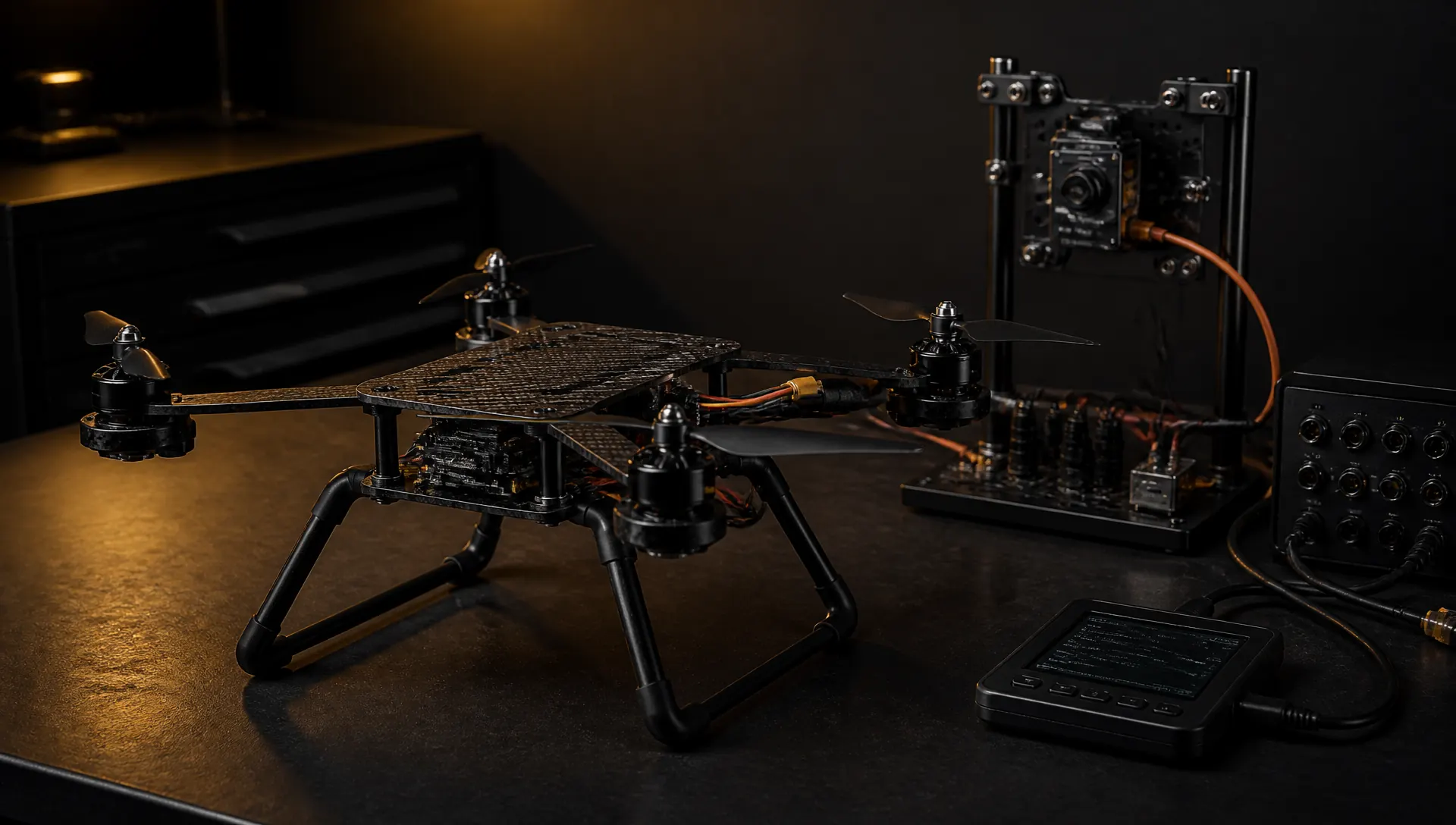 Unmarked multirotor airframe on an integration bench beside a sensor test rig and interface breakout box.