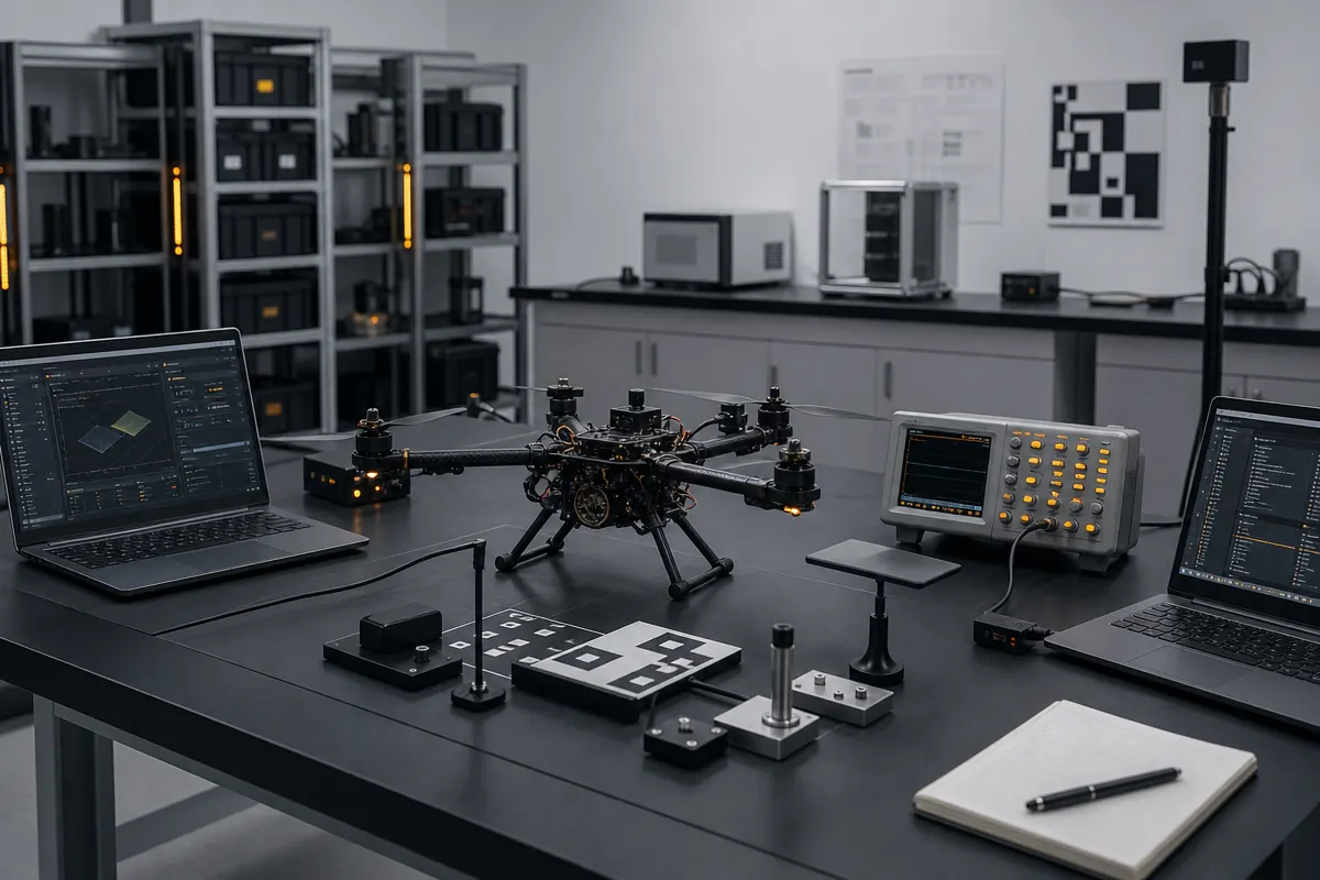 Integration laboratory workbench with test rigs, cabling and telemetry displays.