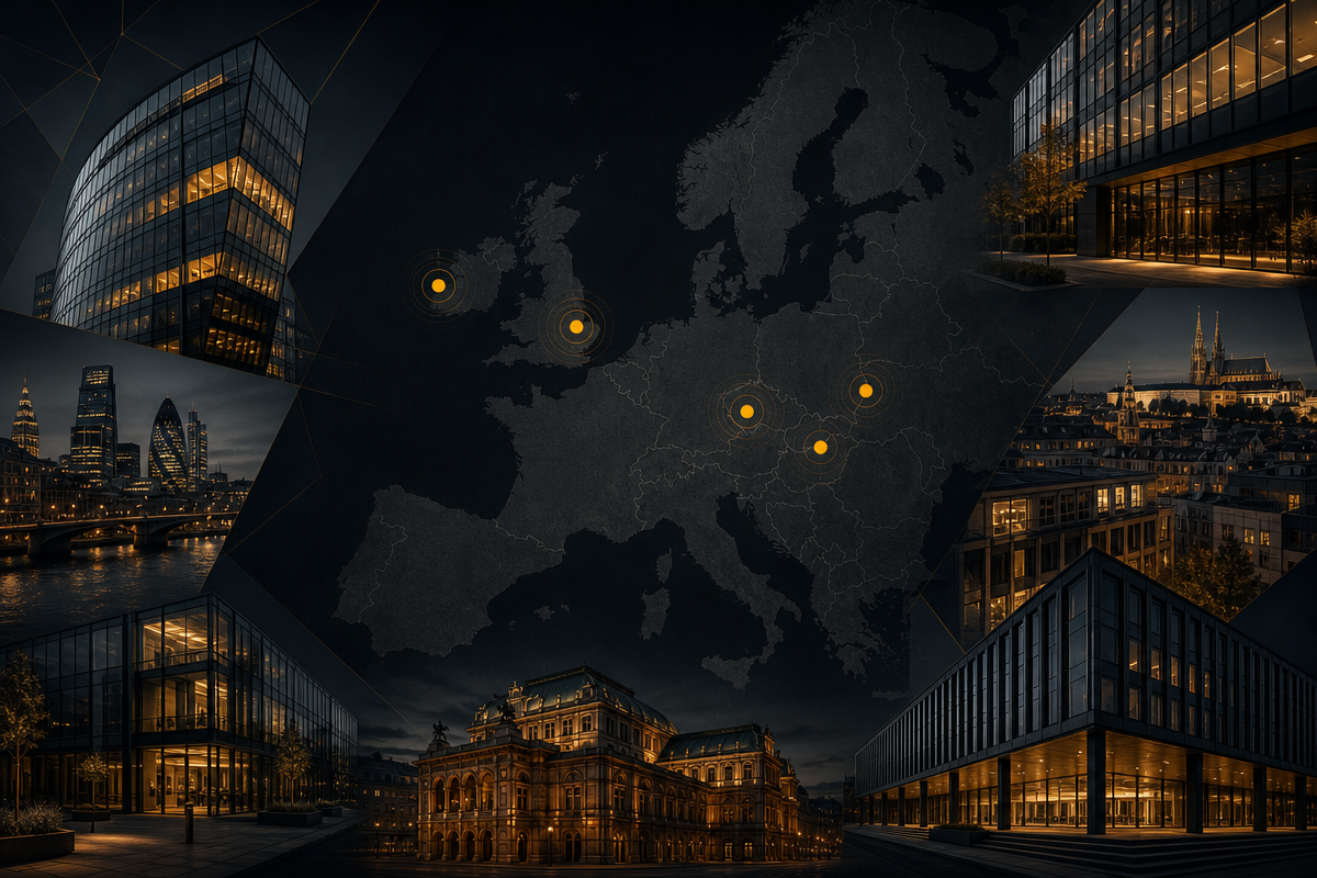European presence map with amber markers for office locations across the EU and United Kingdom.