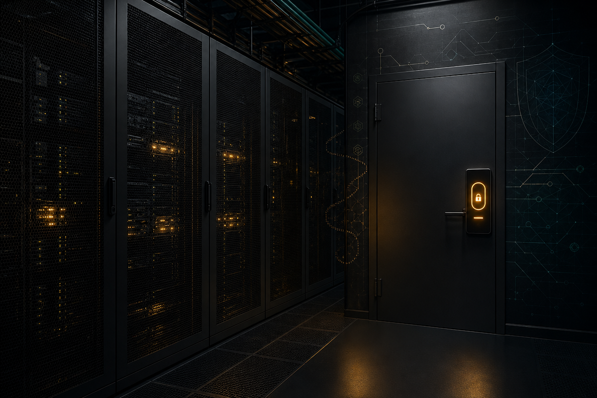 Secure sovereign data centre with server cabinets and shielded access control.