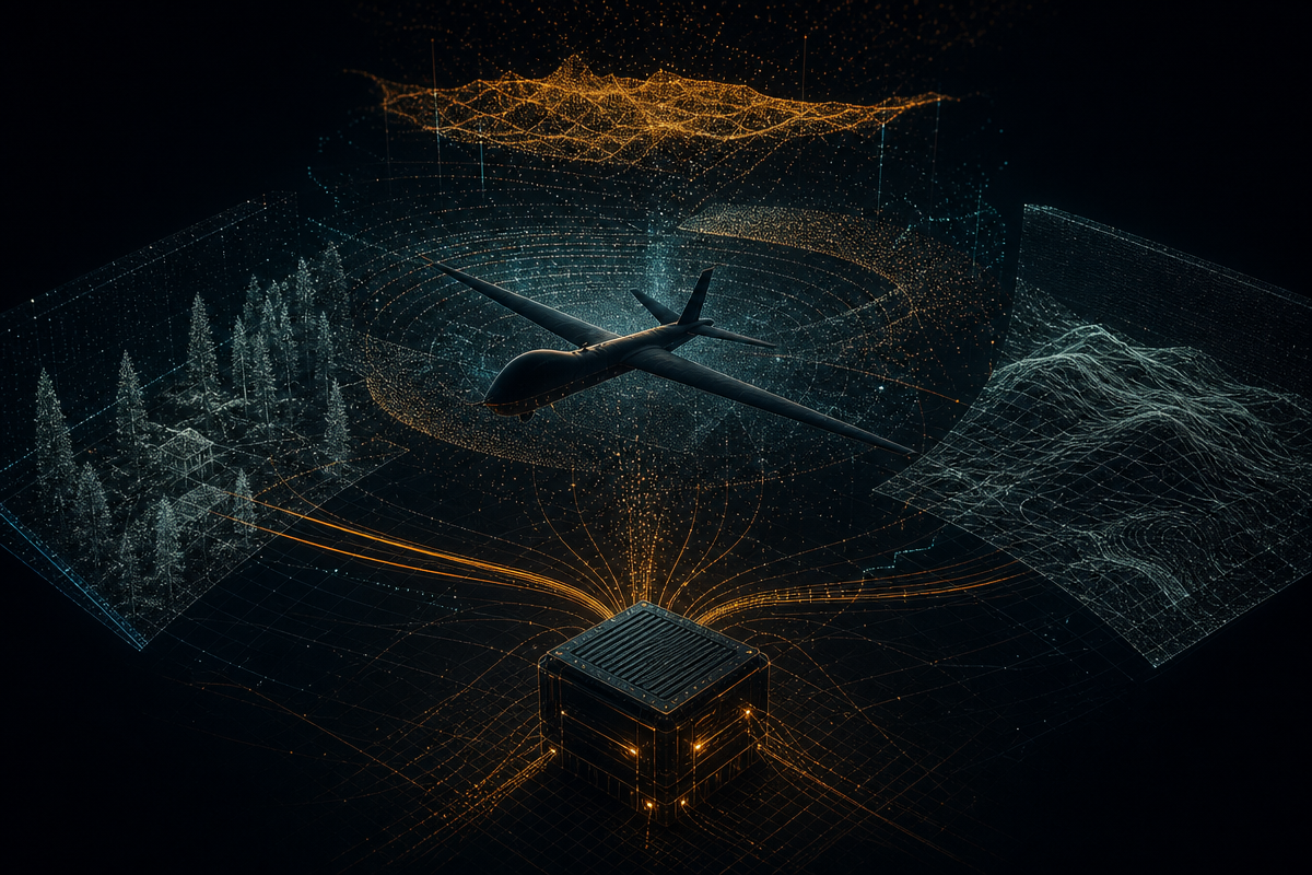 Sensor fusion visualisation around a fixed-wing unmanned aircraft, with an edge compute node connected by secure datalinks.