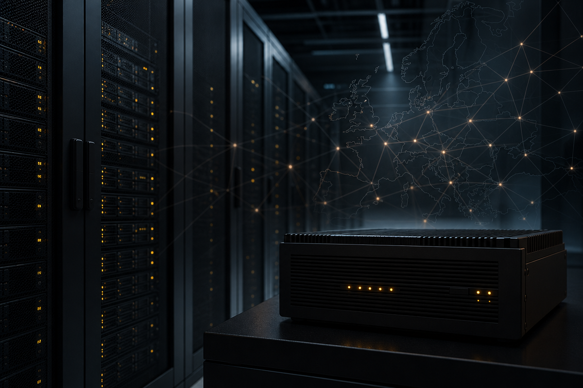 Edge compute node in a secure data centre with an overlay of European network topology.