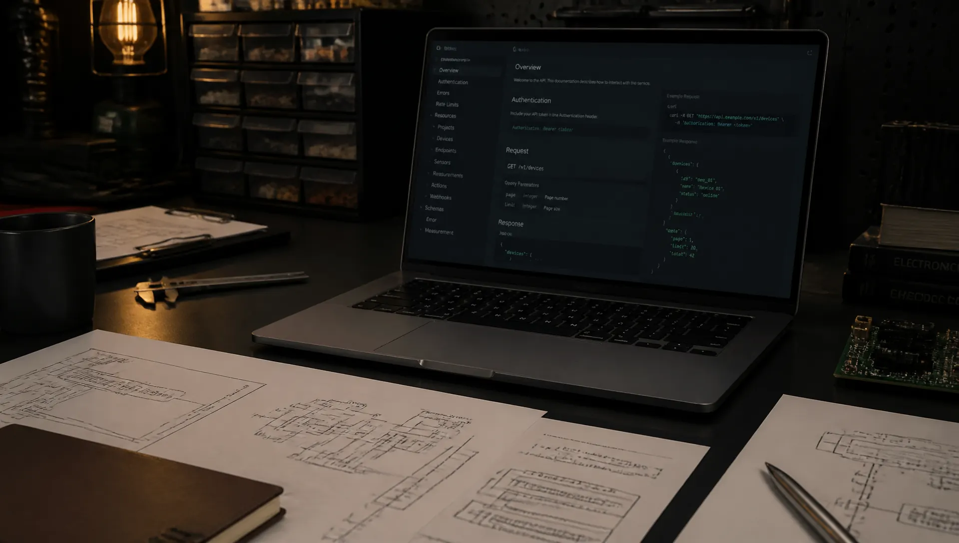 Engineering workstation with technical documentation and schematics on screen.