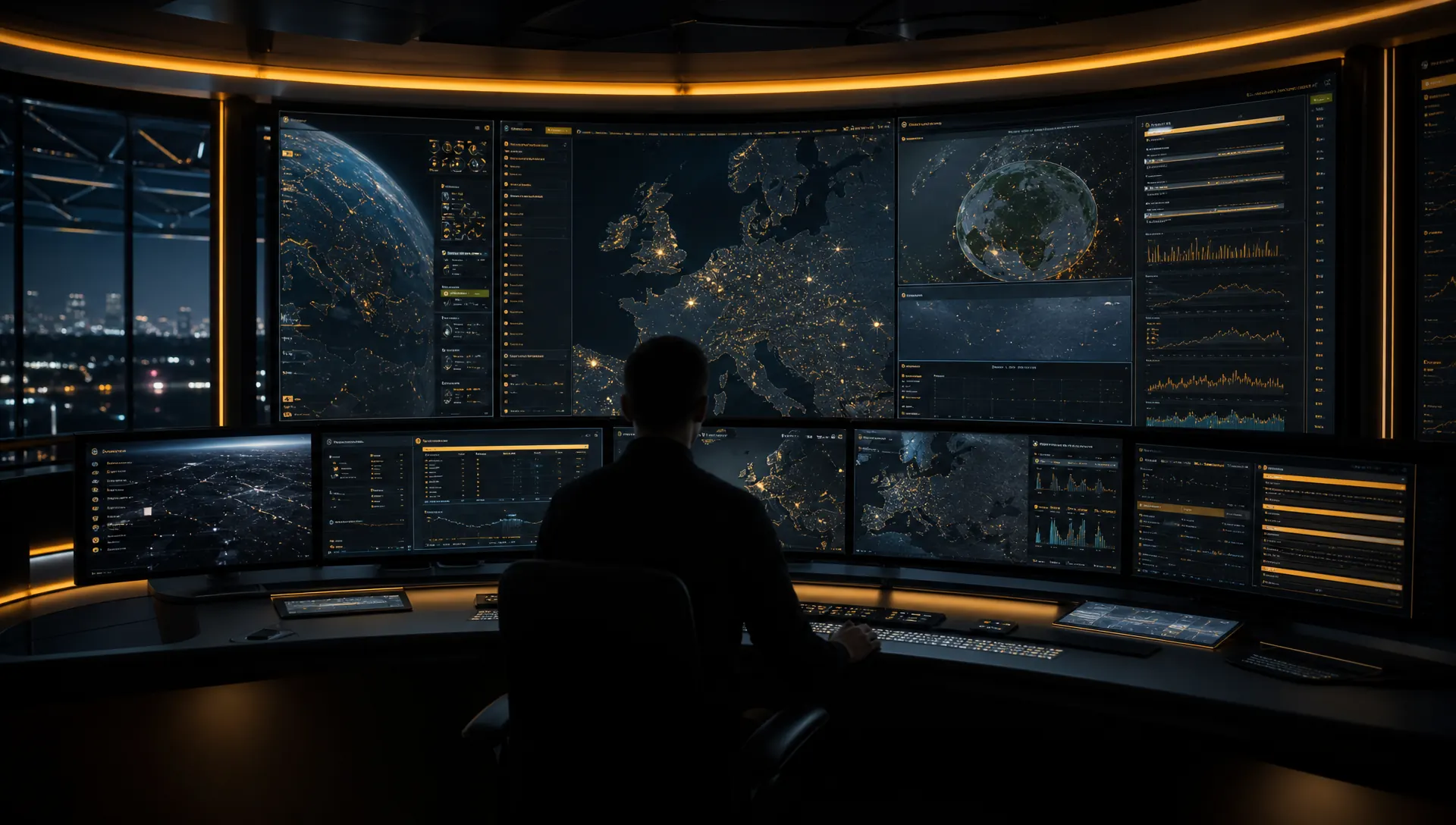 Modern command centre with multiple tactical displays showing a unified view of fleet status across Europe.