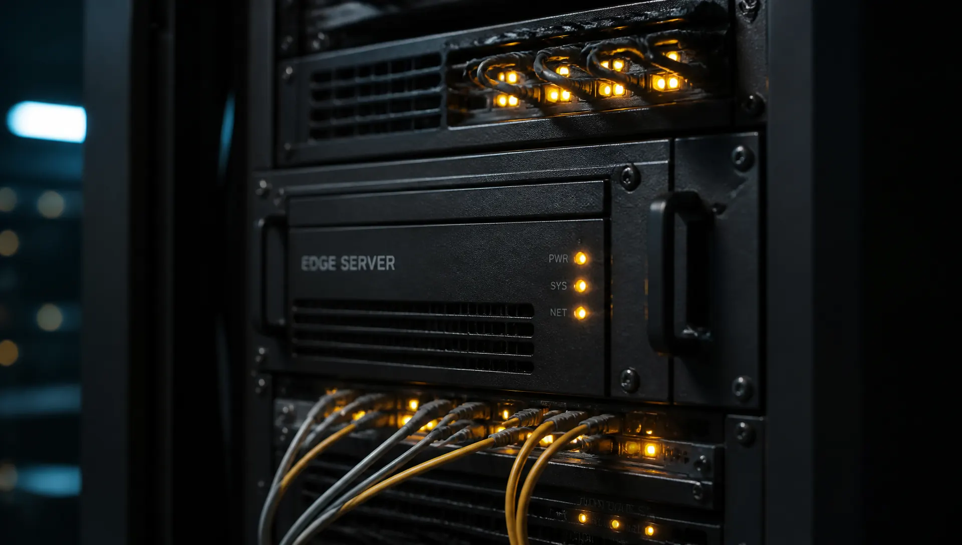 Rack-mounted edge server with amber status indicators and fibre patching inside a dark equipment cabinet.